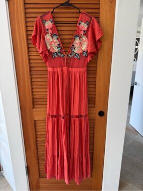 CLEOBELLA Red Embroidered V-Neck Maxi Dress